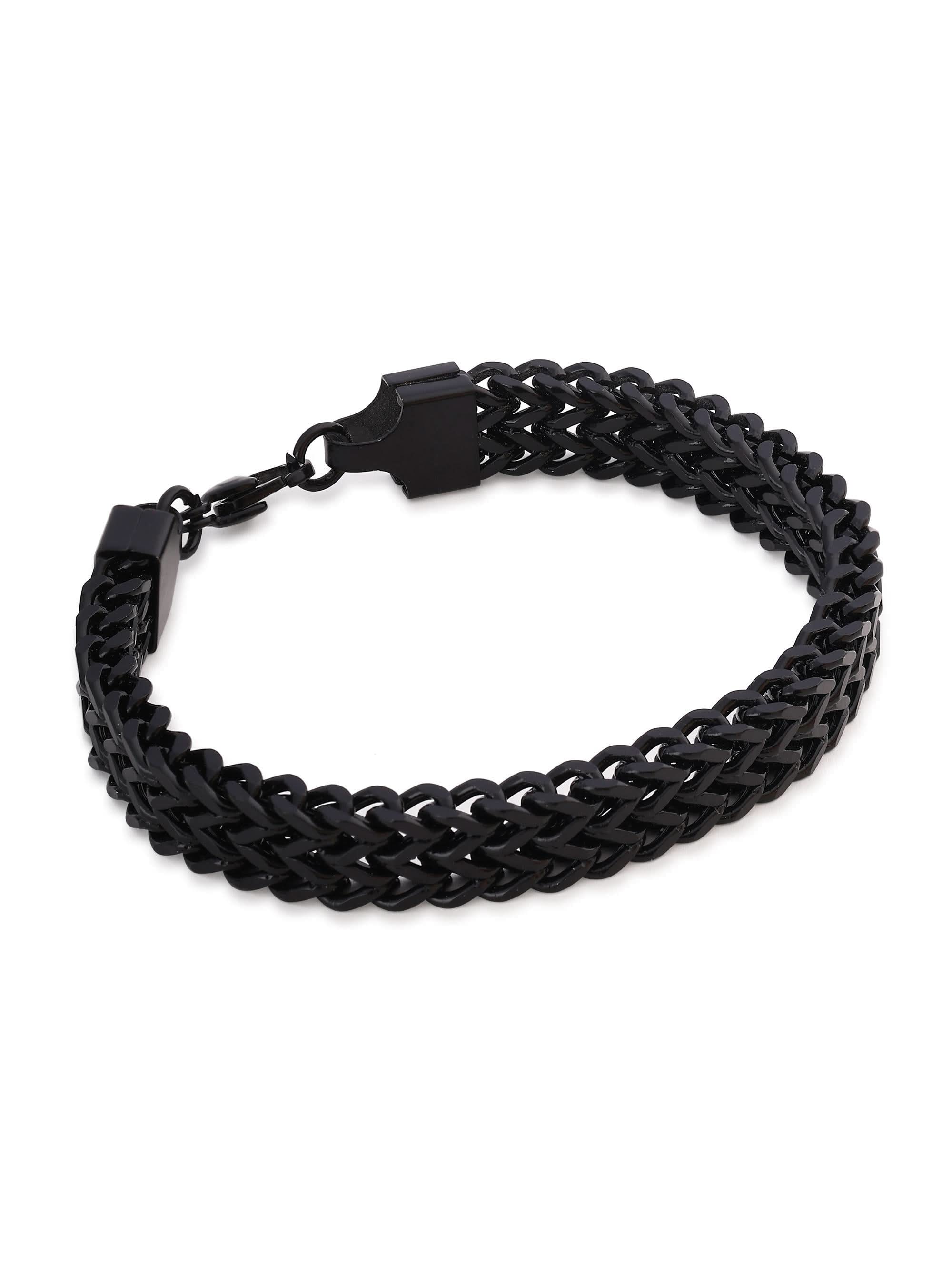 Flat-lay of black double-strand Franco chain bracelet showing lobster clasp