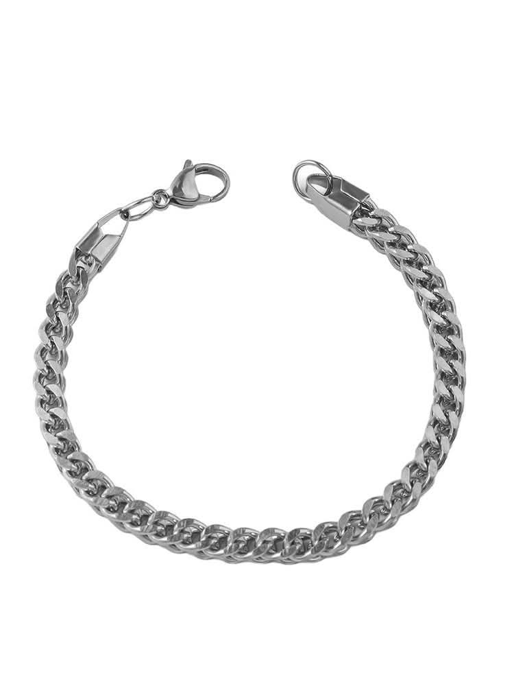 Silver wheat chain bracelet styled on a man's wrist