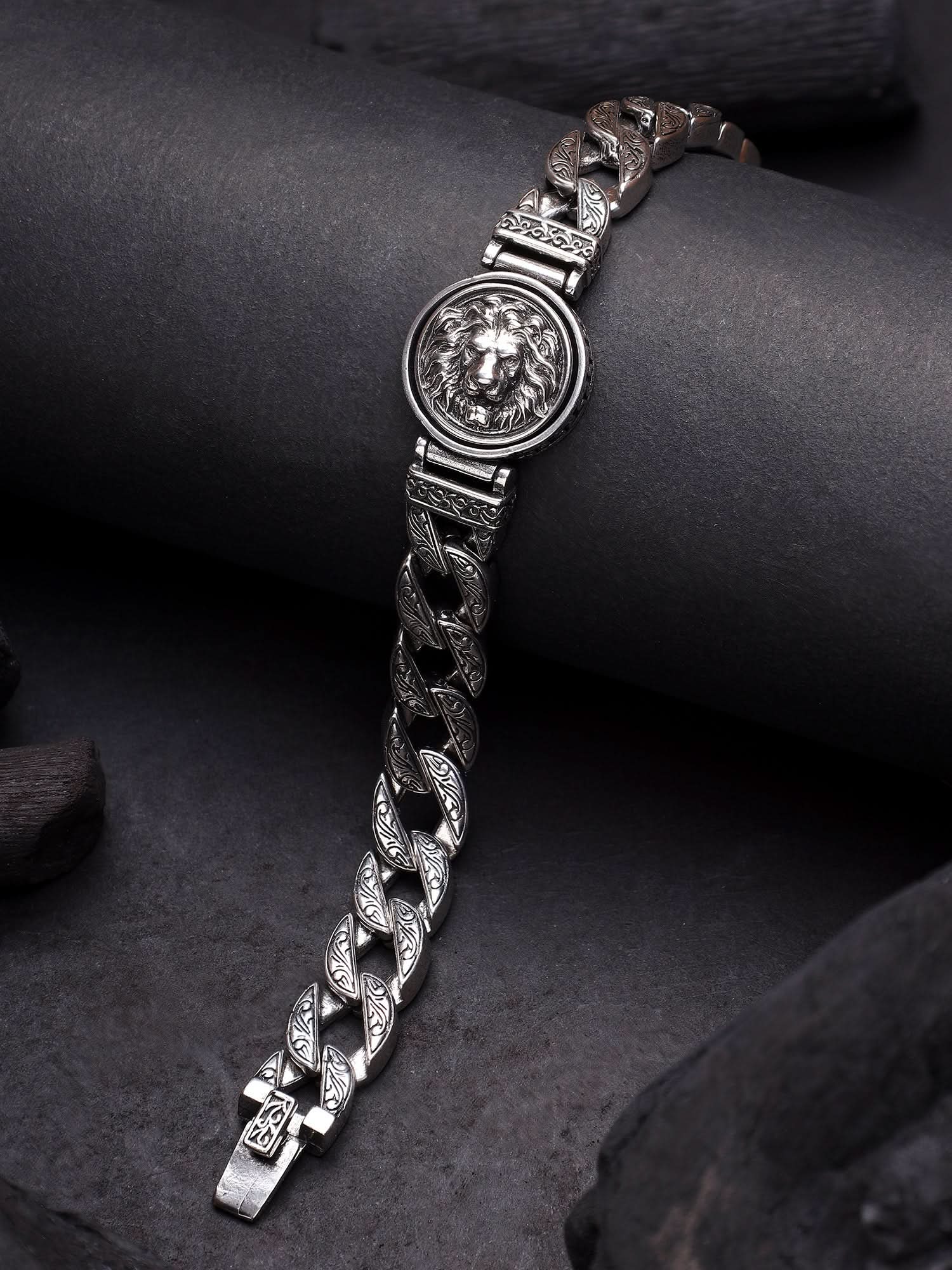 Silver Lion Bracelet for Men | Rotating Medallion | Jewelor
