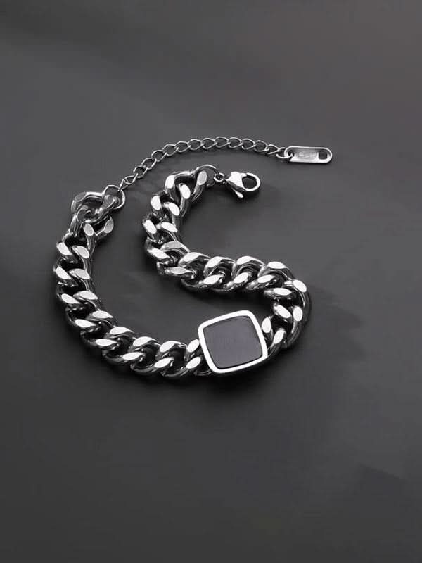 Silver Curb Chain Bracelet for Men | Black Inset | Jewelor