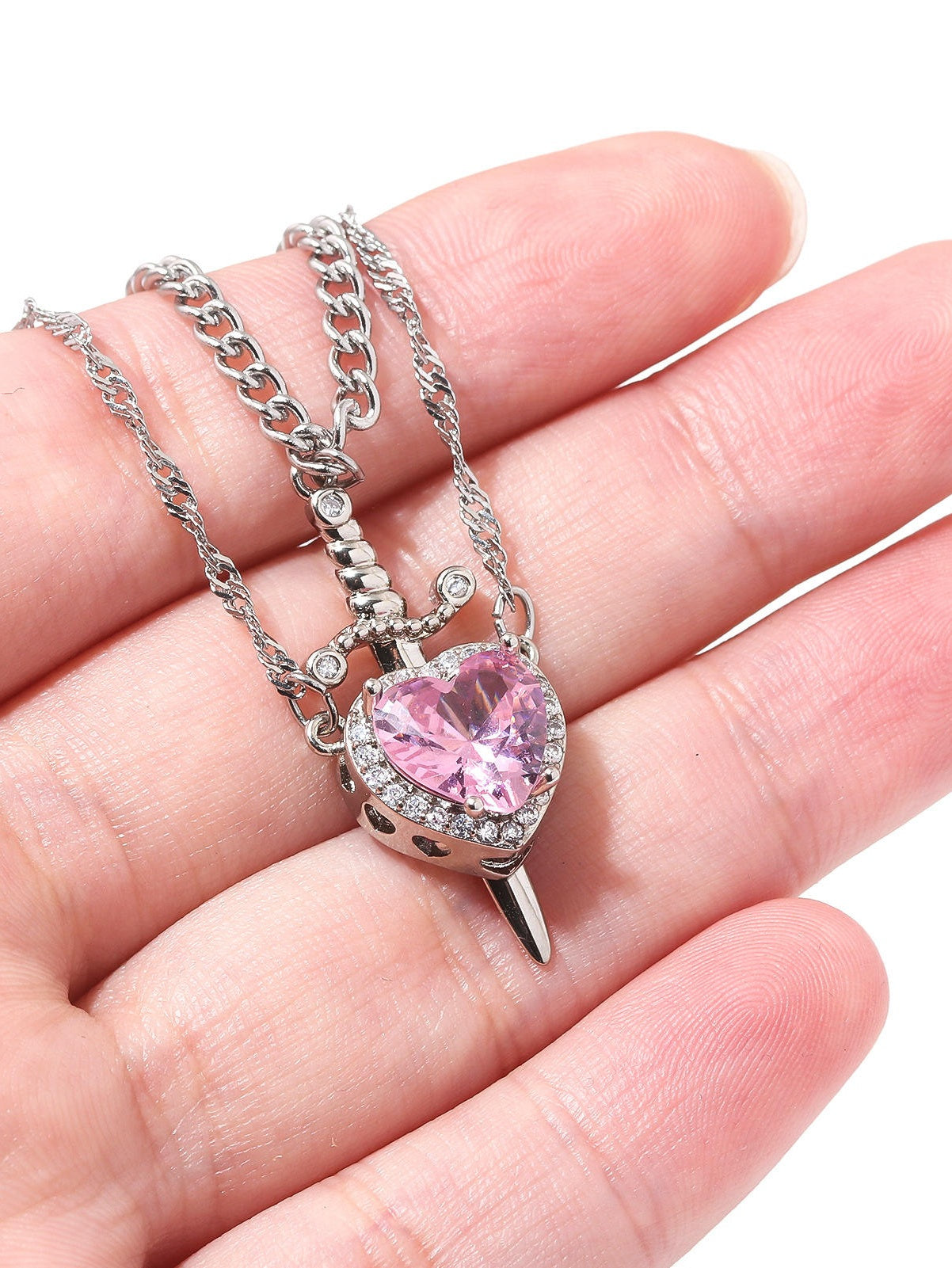 Crystal Heart-Shaped Dagger Pendant Set (Pink)