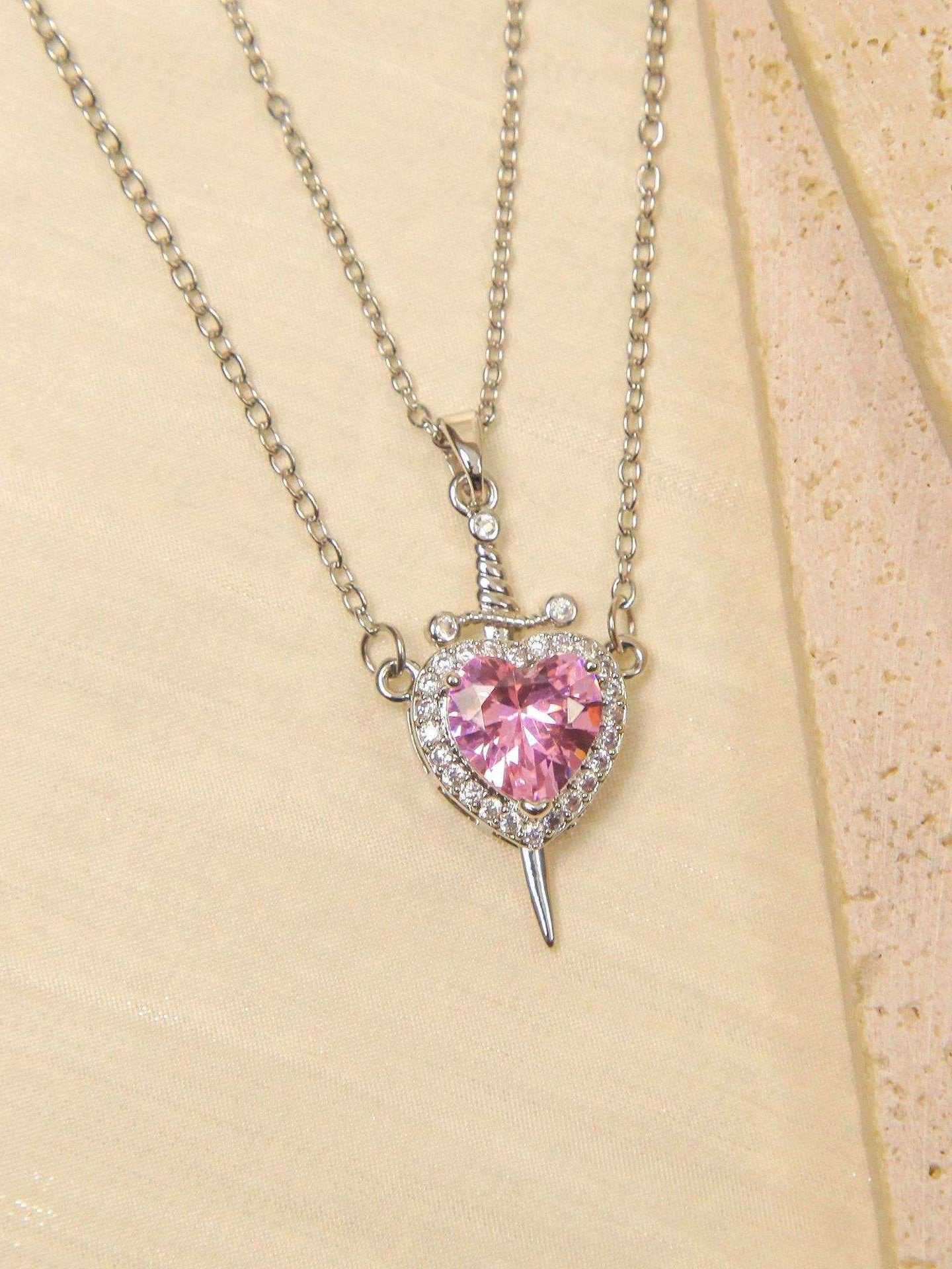 Crystal Heart-Shaped Dagger Pendant Set (Pink)
