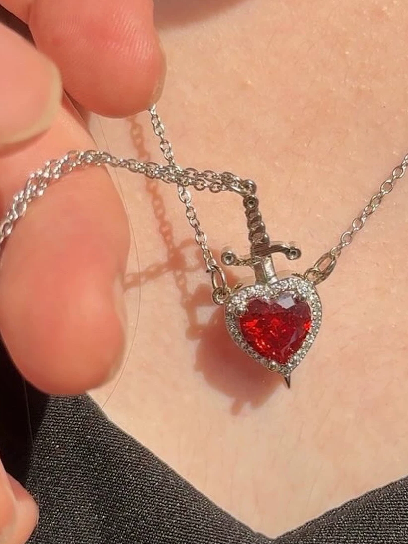 Crystal Heart-Shaped Dagger Pendant Set (Red)