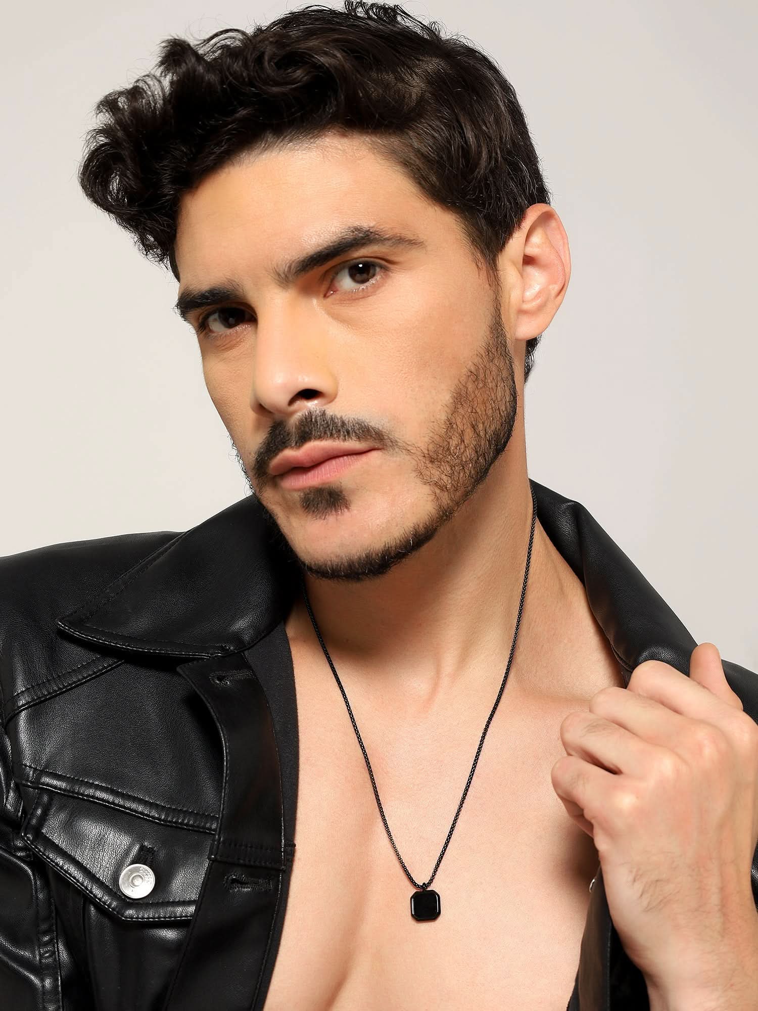 Cuban Box Chain Enamel Square Pendant (Black)