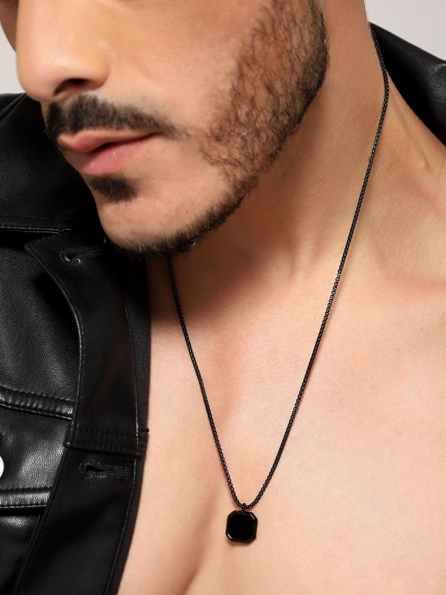 Model wearing Cuban Box Chain Enamel Square Pendant in black — men's black pendant styled on hand