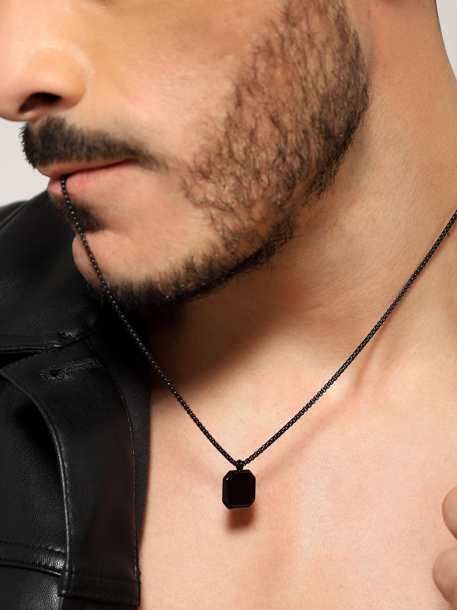 Model wearing Cuban Box Chain Enamel Square Pendant in black — men's black pendant styled on hand