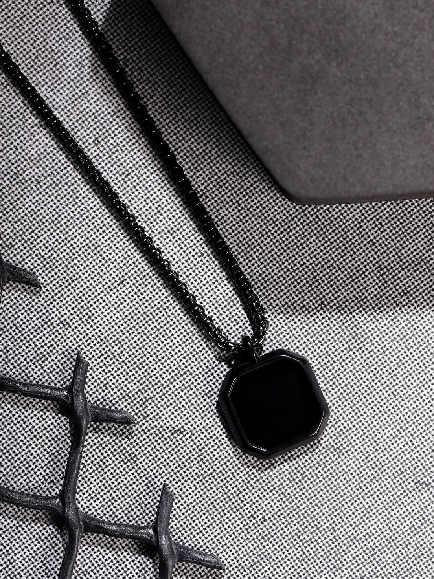 Cuban Box Chain Enamel Square Pendant (Black)