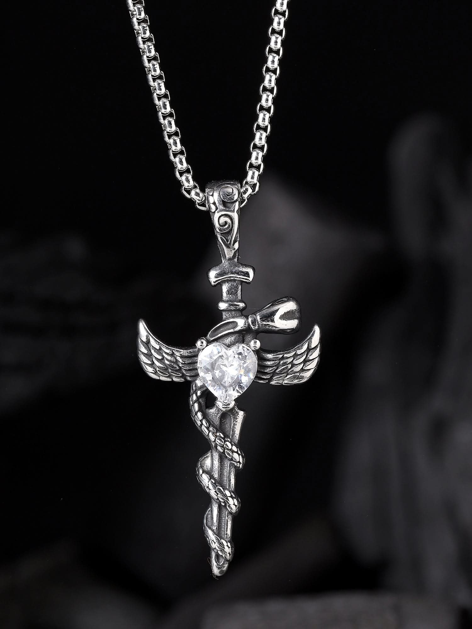 Cross Snake Cubic Zircon Pendant (Silver)