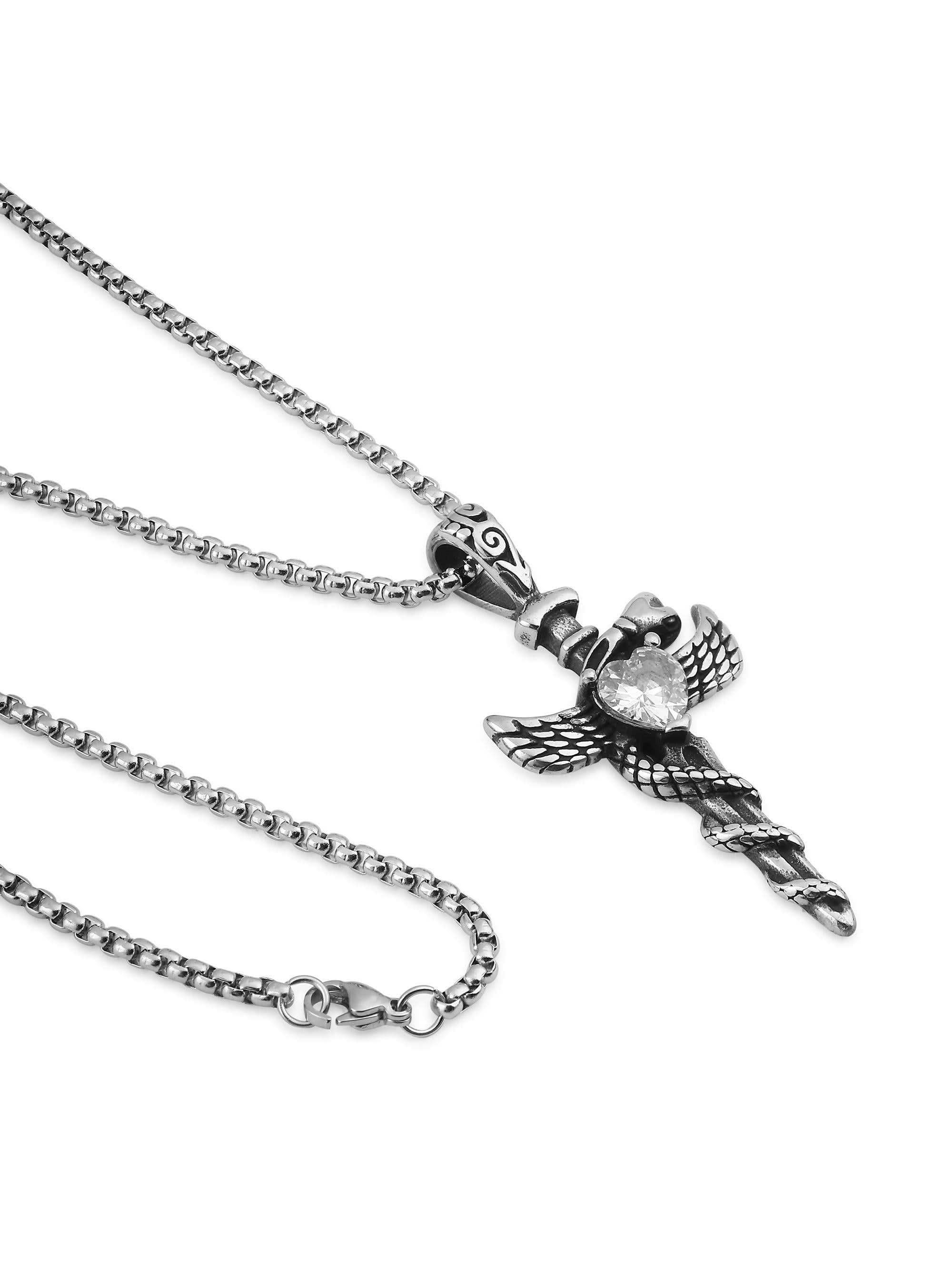 Cross Snake Cubic Zircon Pendant in silver on white background — men's silver pendant