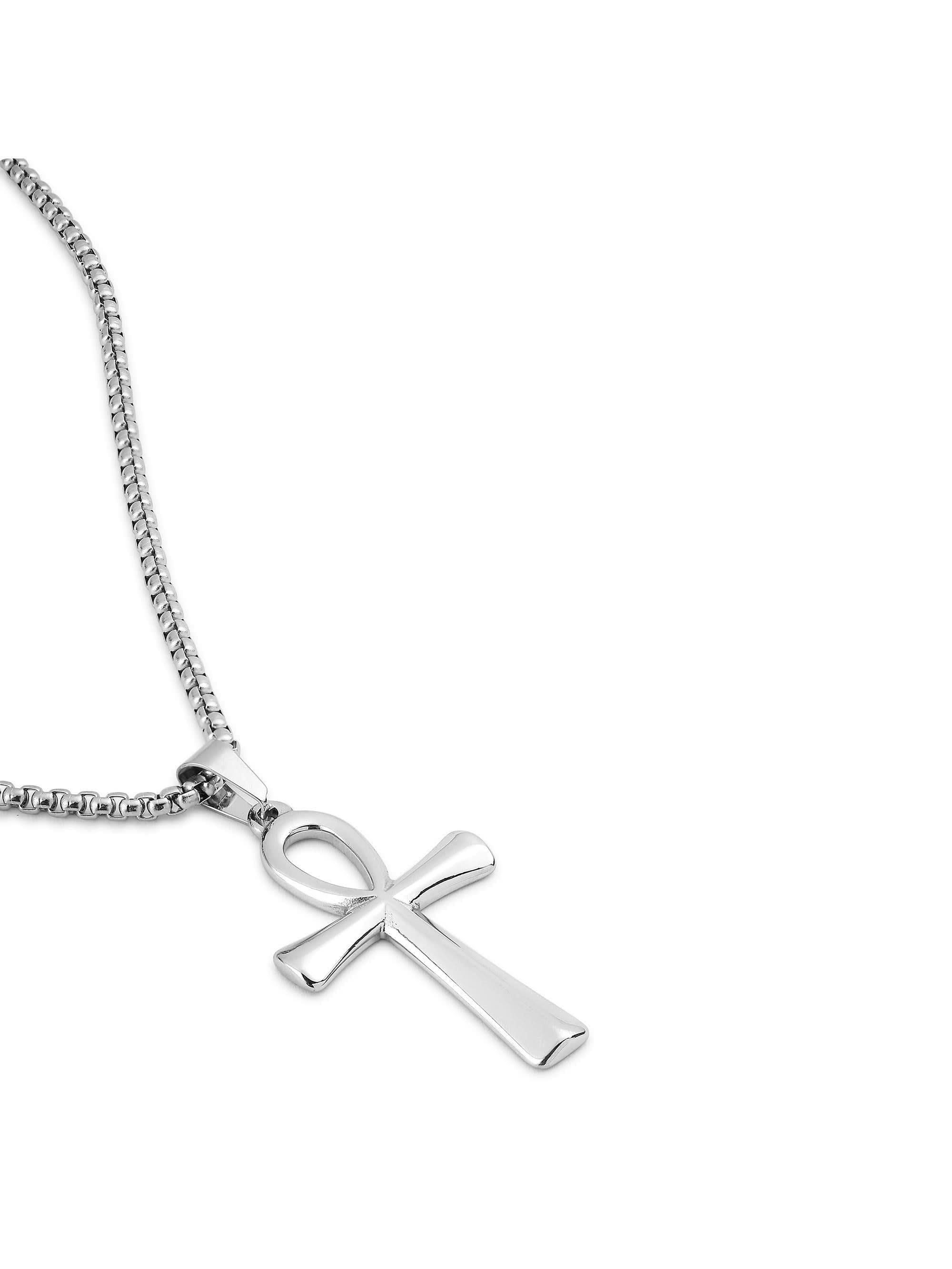 Egyptian Eye Crucifix Cross Pendant in silver on white background — men's silver pendant