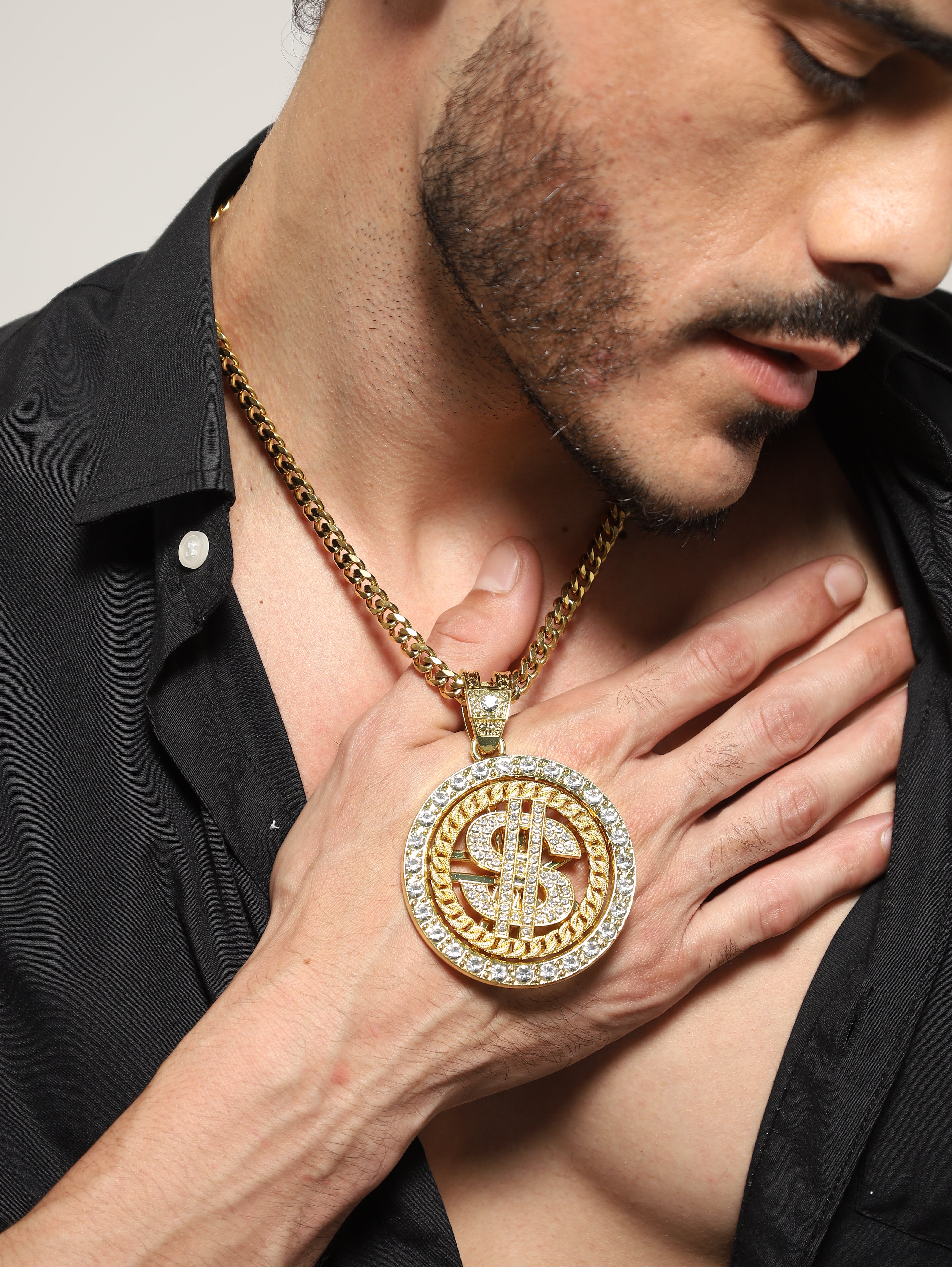 Luxe Iced Out Dollar Spinner Pendant (Gold)