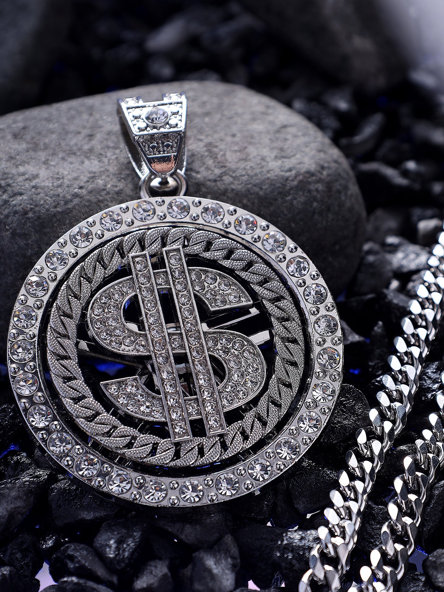 Luxe Iced Out Dollar Spinner Pendant (Silver)