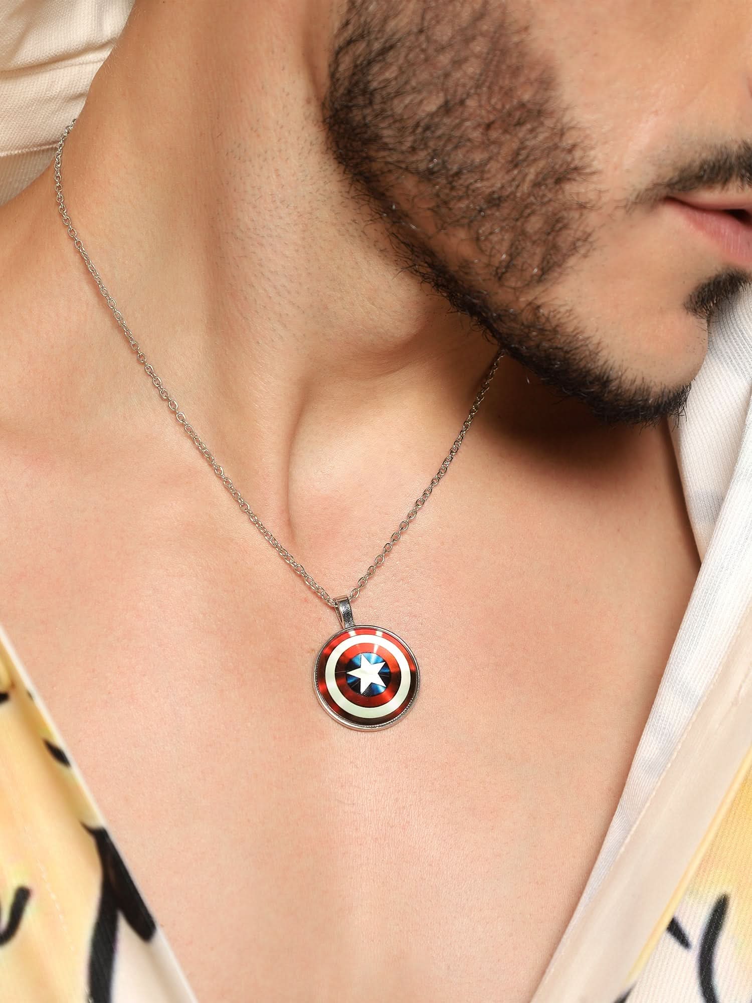Model wearing Captain America Shield Pendant — men's pendant styled on hand
