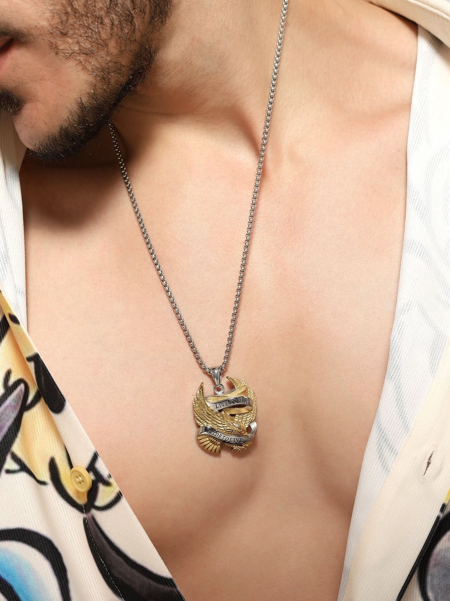 Model wearing Biker Spirit Rider Pendant in silver gold — men's silver gold pendant styled on hand