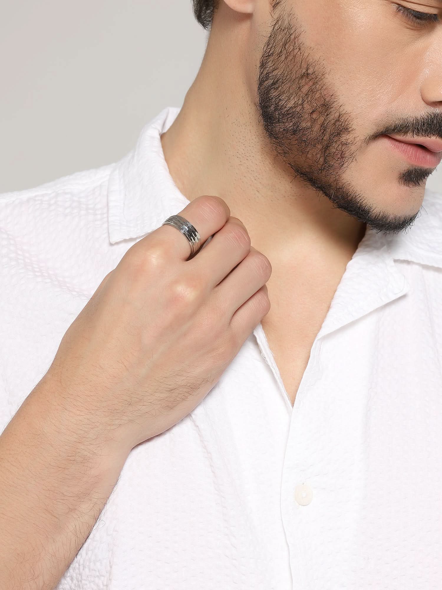Model wearing Honeycomb Pattern Ring in silver — men's silver ring styled on hand