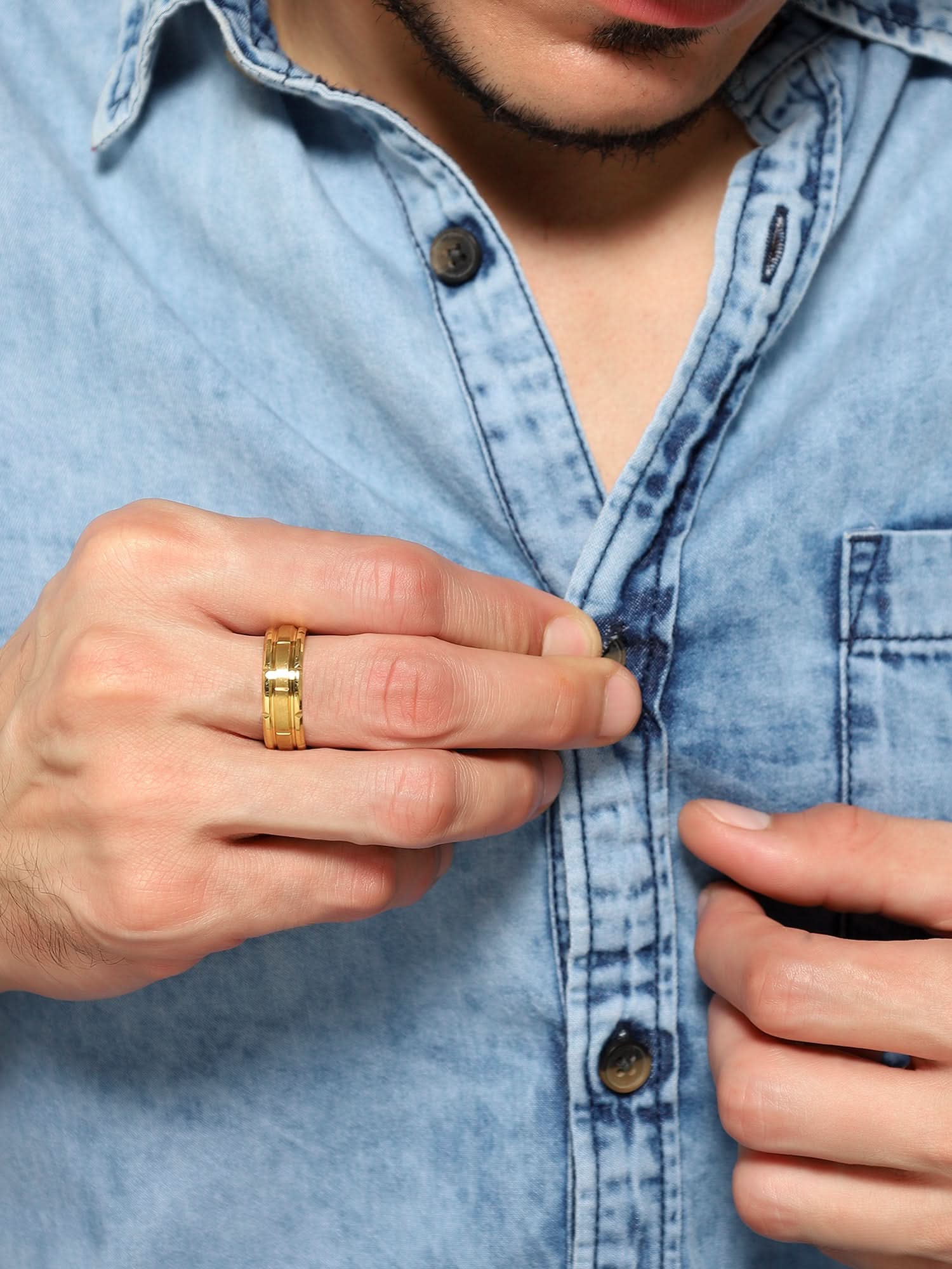 Model wearing Tungsten Pattern Ring in gold — men's gold ring styled on hand