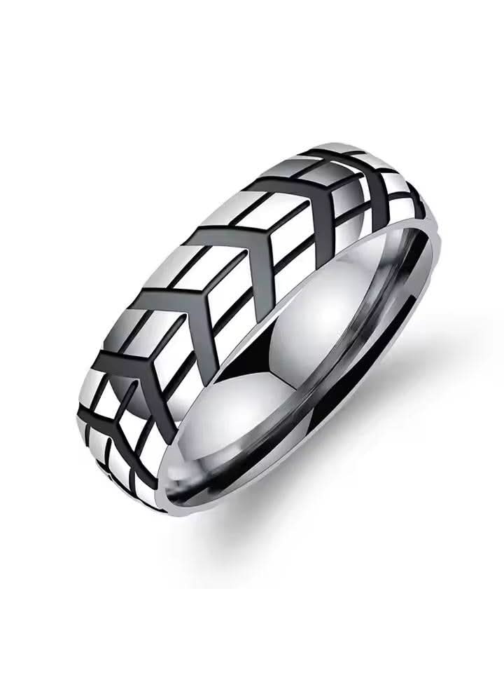 Tyre Pattern Ring in silver on white background — men's silver ring