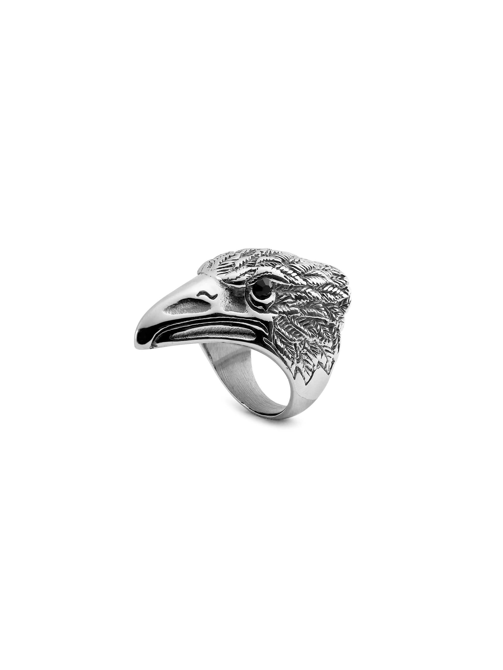 Retro Punk Eagle Ring in silver on white background — men's silver ring