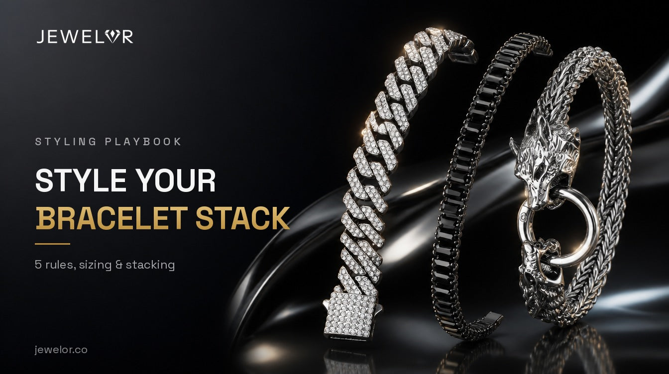 Style your bracelet stack — Jewelor styling playbook with Cuban link, black tennis and wolf head bracelets