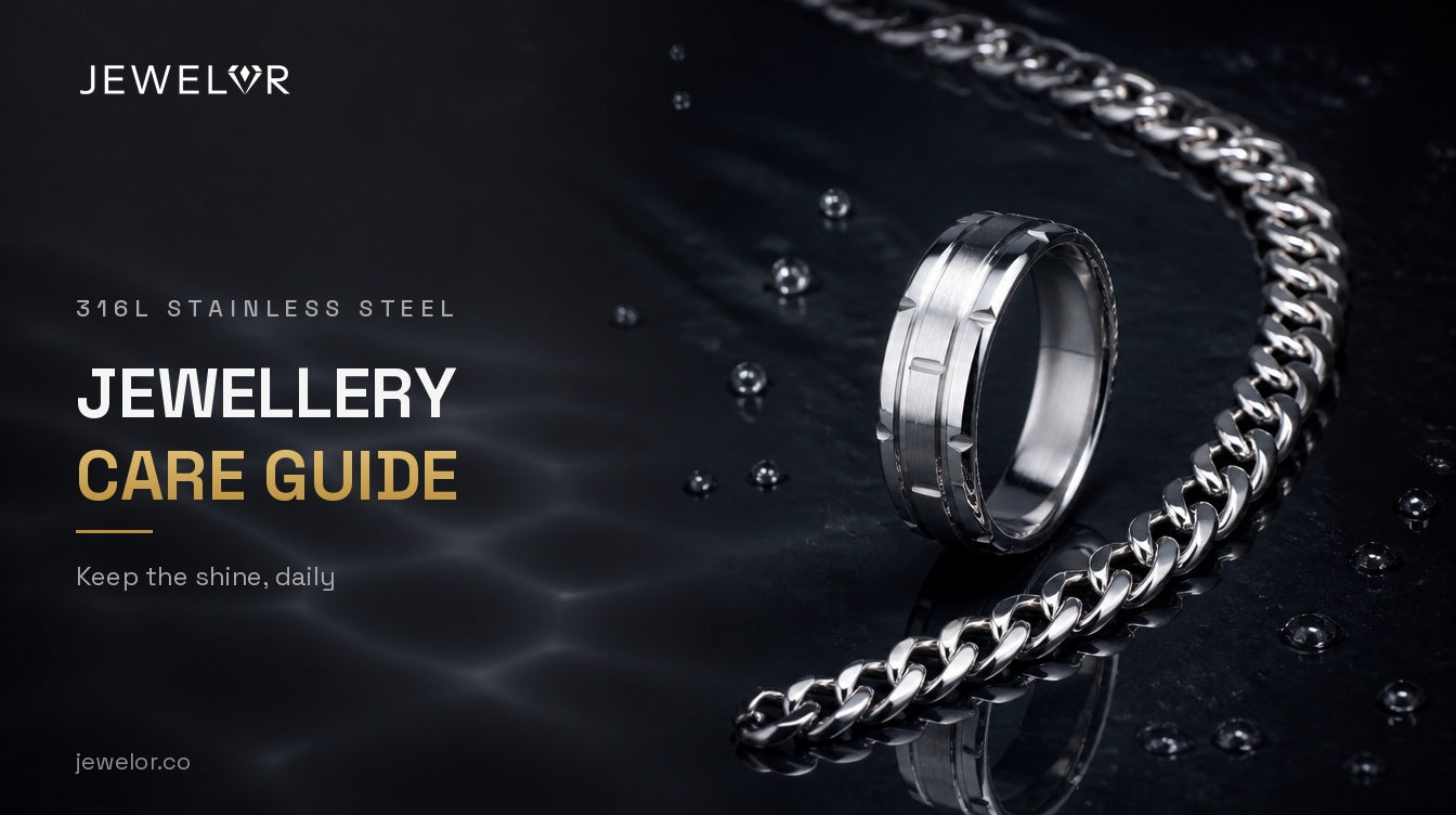 316L stainless steel jewellery care guide — Jewelor chain and ring with water droplets