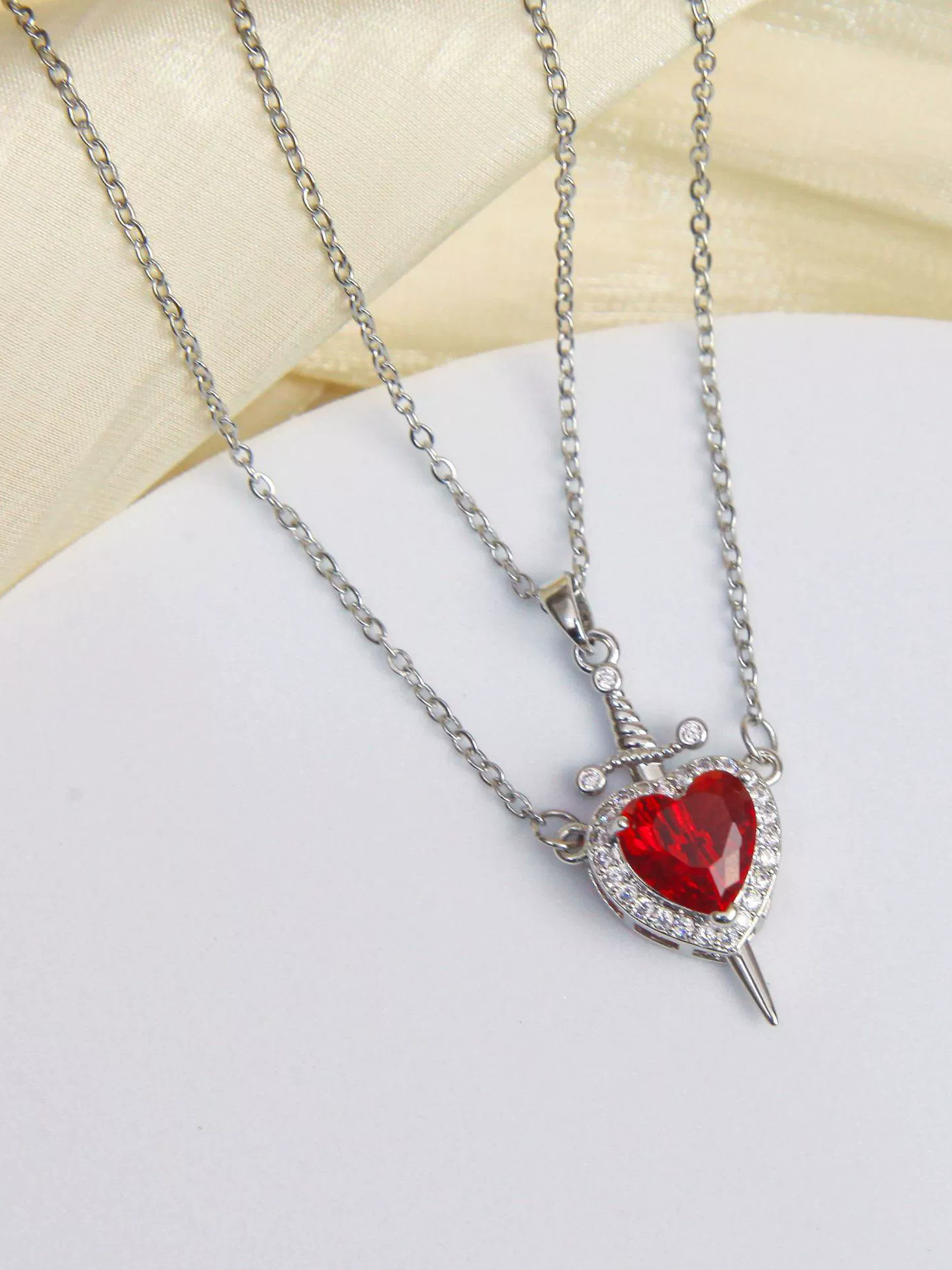 Crystal Heart-Shaped Dagger Pendant Set (Red)