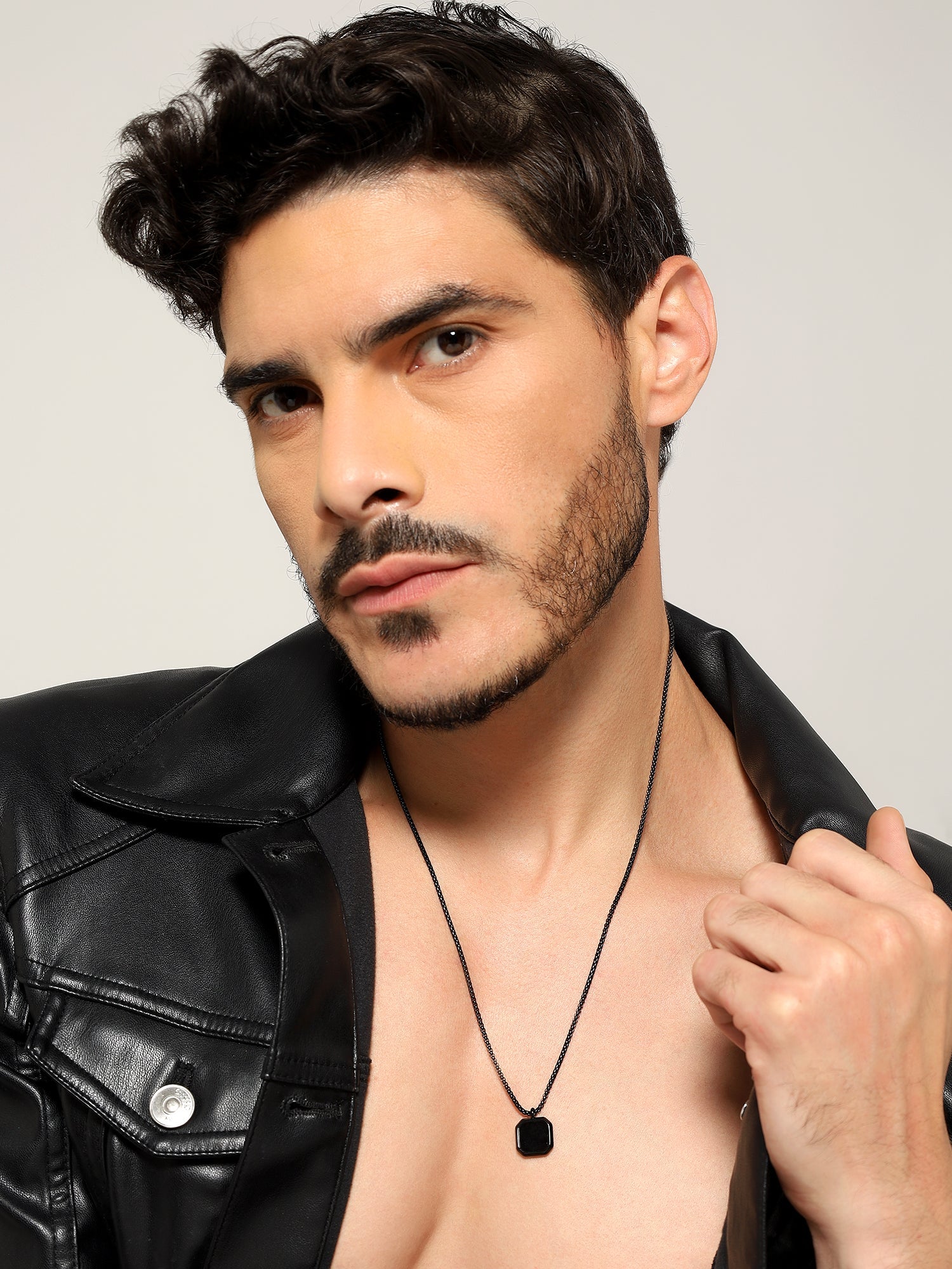 Cuban Box Chain Enamel Square Pendant (Black)