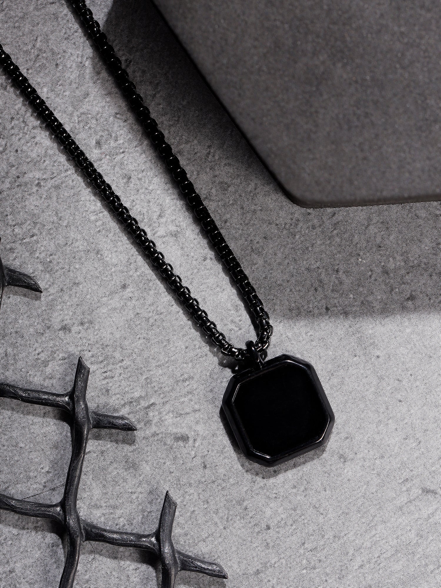 Cuban Box Chain Enamel Square Pendant (Black)