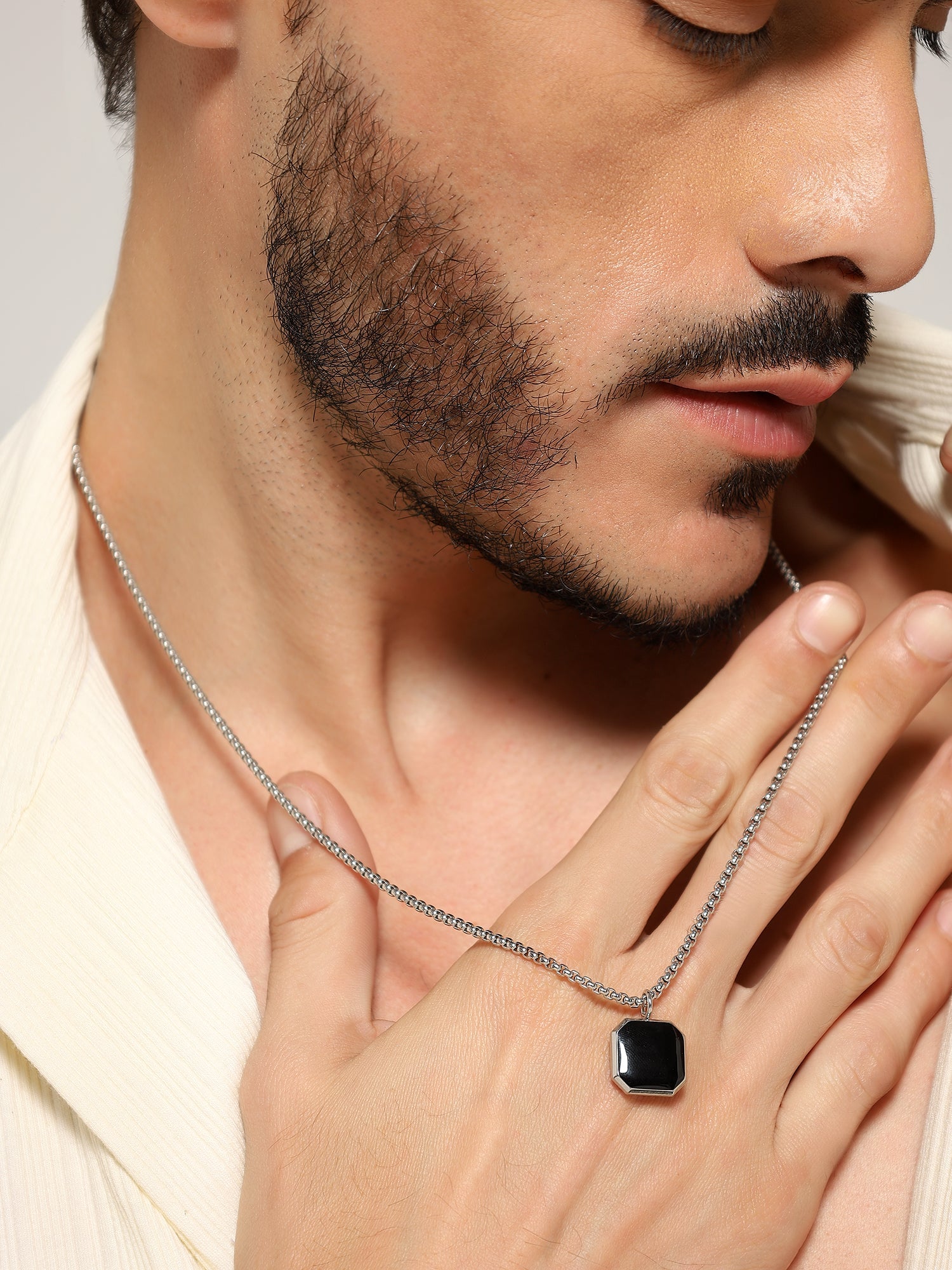 Cuban Box Chain Enamel Square Pendant (Silver)