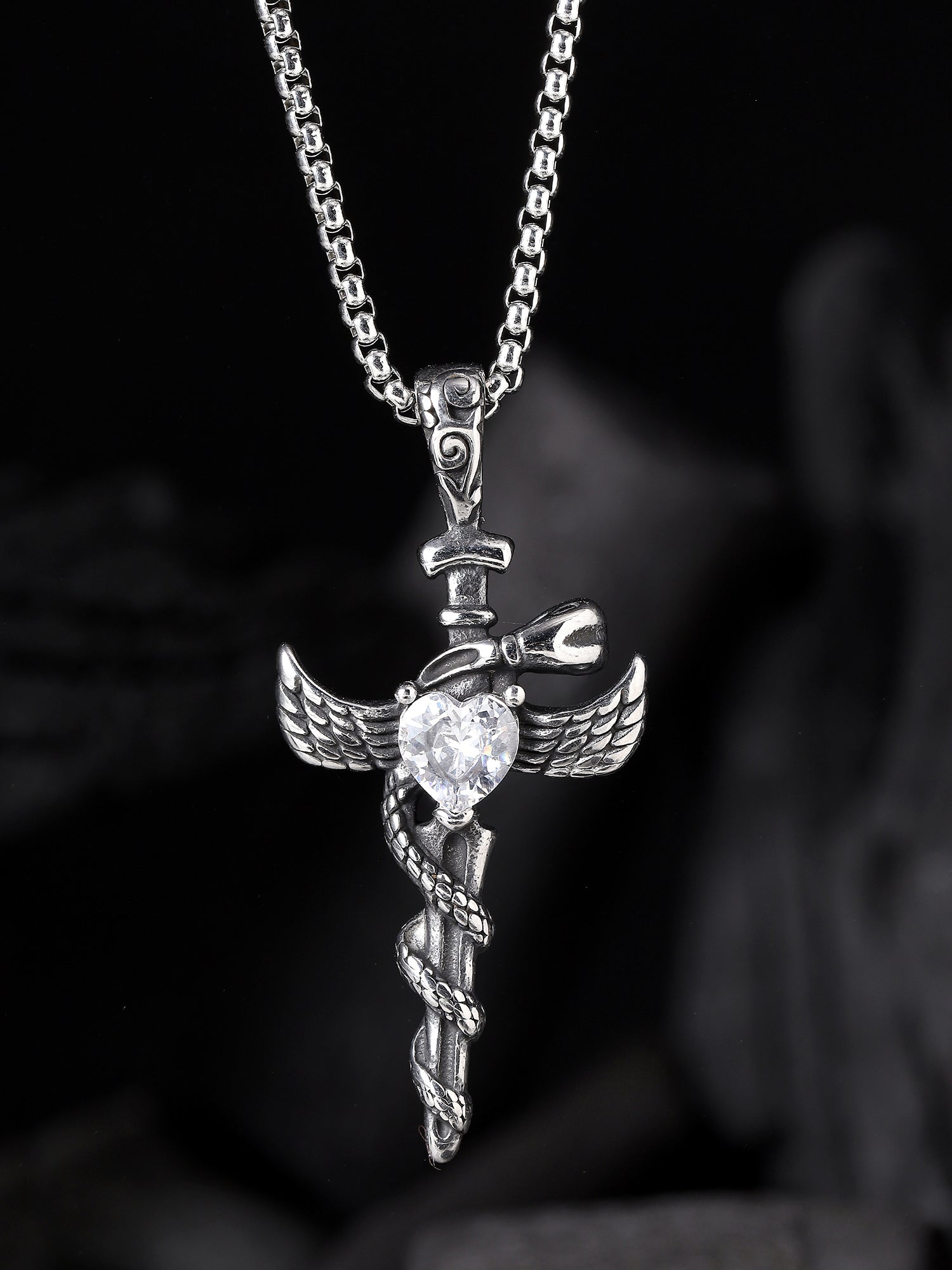 Cross Snake Cubic Zircon Pendant (Silver)