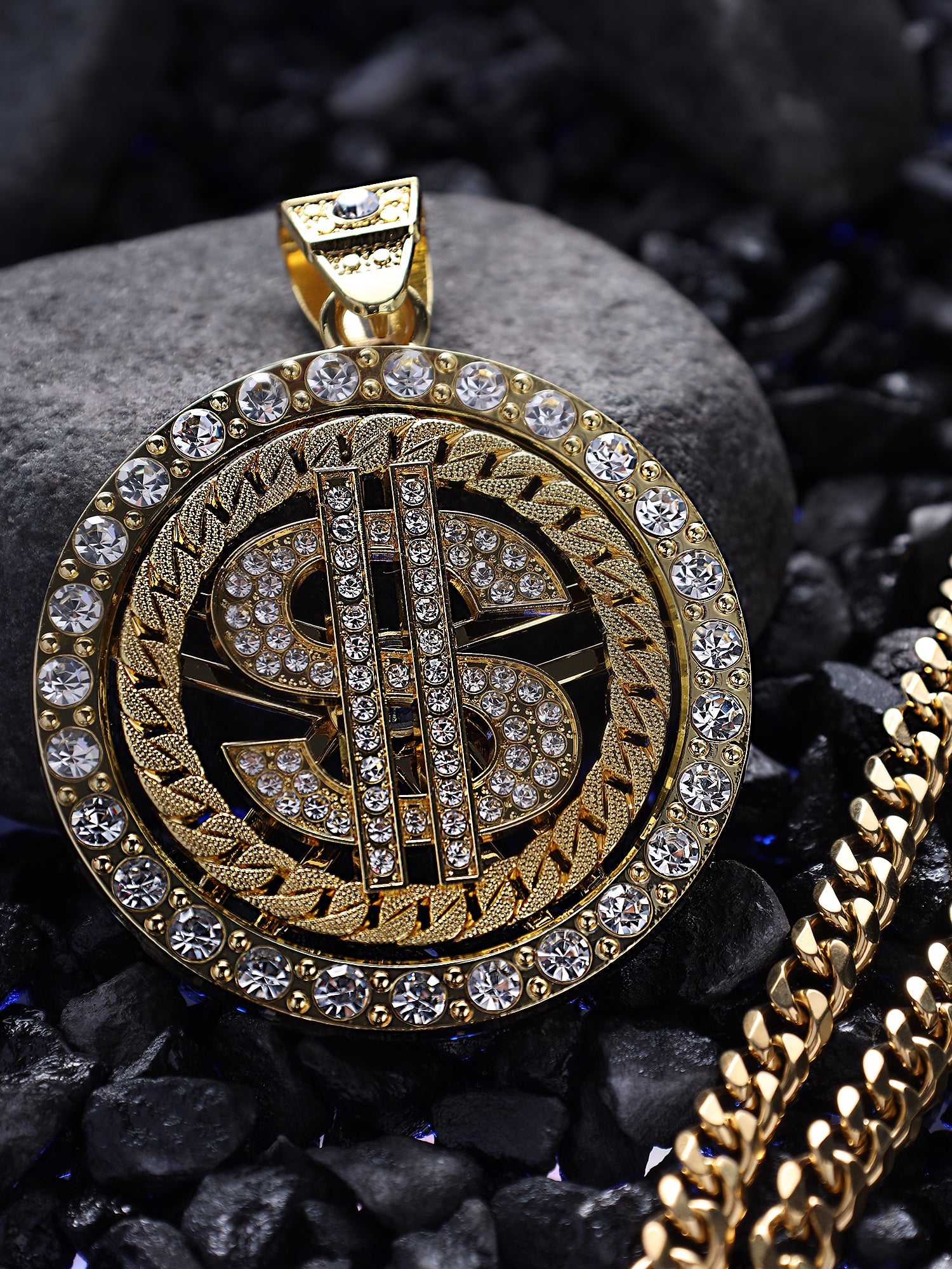 Luxe Iced Out Dollar Spinner Pendant (Gold)