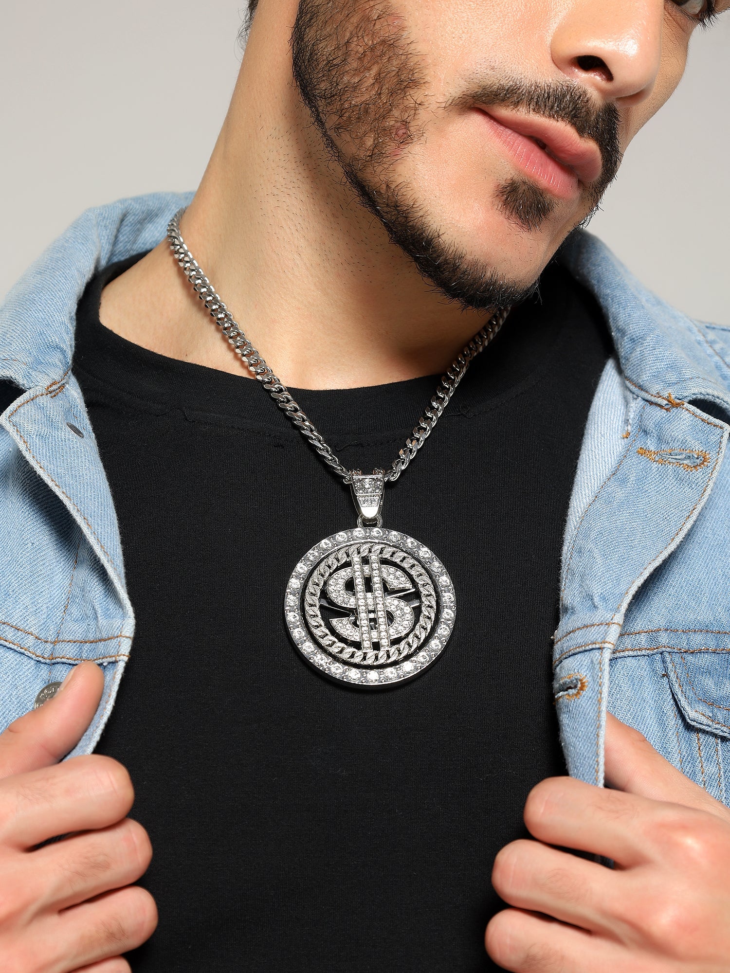 Luxe Iced Out Dollar Spinner Pendant (Silver)